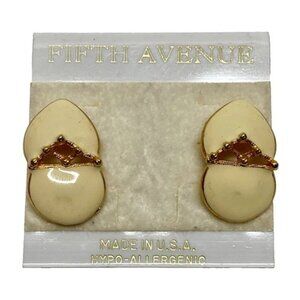 Fifth Avenue Earrings Hypo-Allergenic Ivory Enamel Gold Tone Clam Style Stud NOS